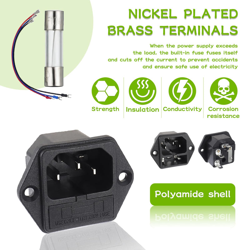 AC 250V 10A 2 in 1 Mount Inlet Module Plug Socket Power Entry Connector Male Blades with 10A Fuse and 18 AWG Extension Cable 6pcs Socket+10pcs fuse+3pcs Cable