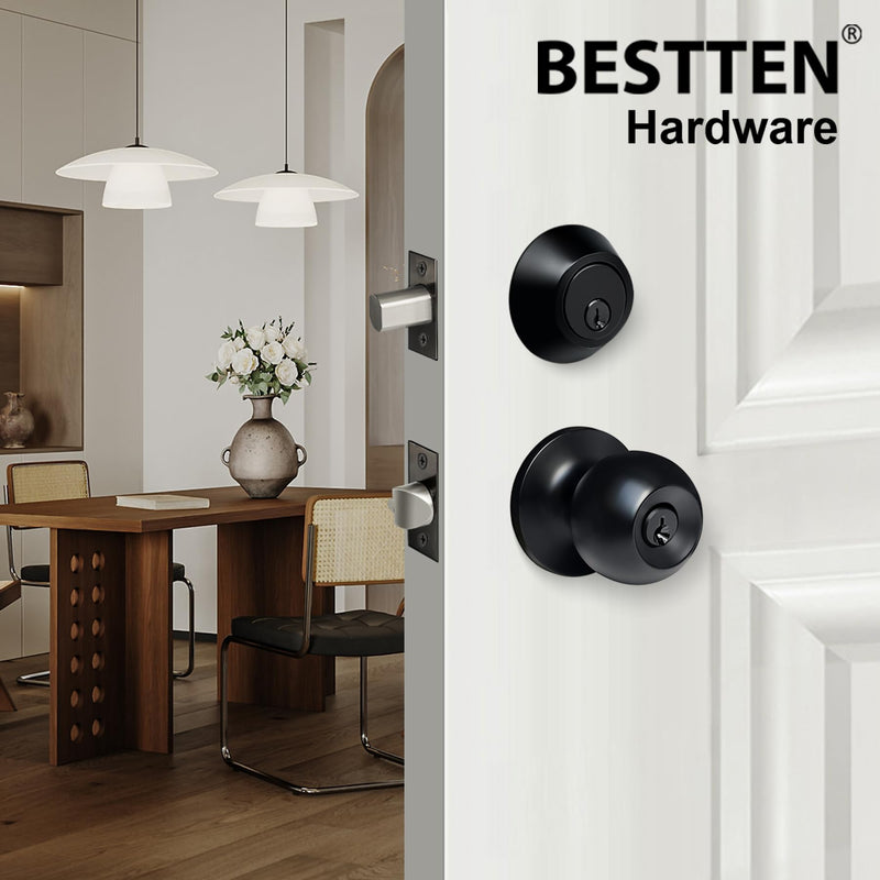 BESTTEN 2 Pack Keyed Same Exterior Door Knobs and Single Cylinder Deadbolts Combo Set, Keyed Alike Entry Door Knobs with Locks and Keys for Entrance and Front Door, Matte Black 2 PK Deadbolt Lockset
