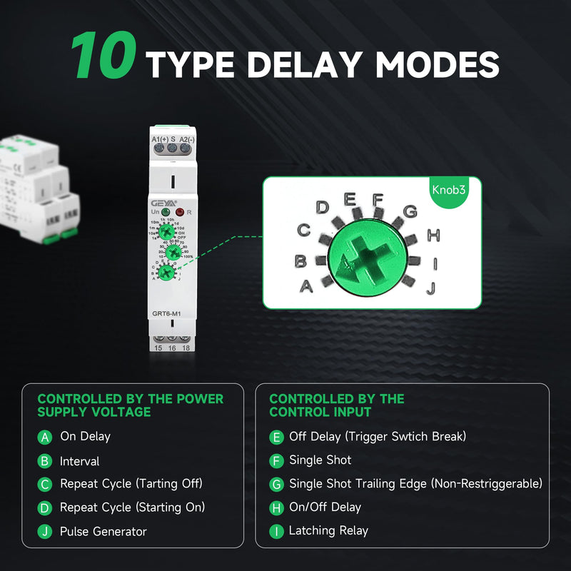 GEYA 10A Multifunctional Delay Time Relay 10 Function Choices AC/DC24V-240V 2 Output Control Relay with DIN Rail Mount (GRT6-M2,AC/DC24V-240V) GRT6-M2