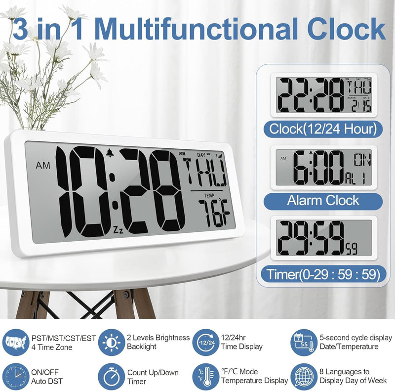 Atomic Clock with Backlight 15" Digital Wall Clock Battery Operated Atomic Wall Clock Digital Alarm Clock with Day Date & Temperature for Wall Office Bedroom Living Room 15" Atomic Clock with Backlight