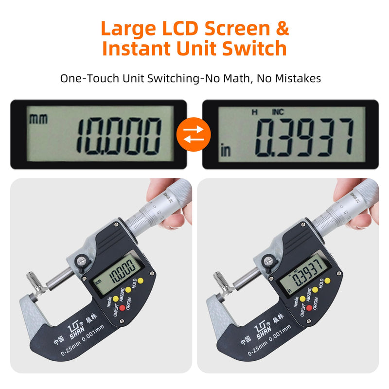 0-1 Professional Digital Micrometer，0.00005" /0.001mm Resolution，Digital Outside Micrometer with Carbide Tip 0-1" Range with Ratchet Stop, Precision Machinist Workshop Automotive Tools Digital Micrometer 0-1" (0-25mm)