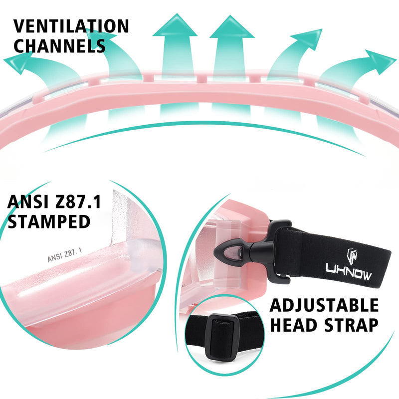 UKNOW Safety Goggles Over Glasses - Anti-Fog Clear Lens - ANSI Z87.1 Certified Eye Protection for Lab Work, Industrial Use Pink - NewNest Australia