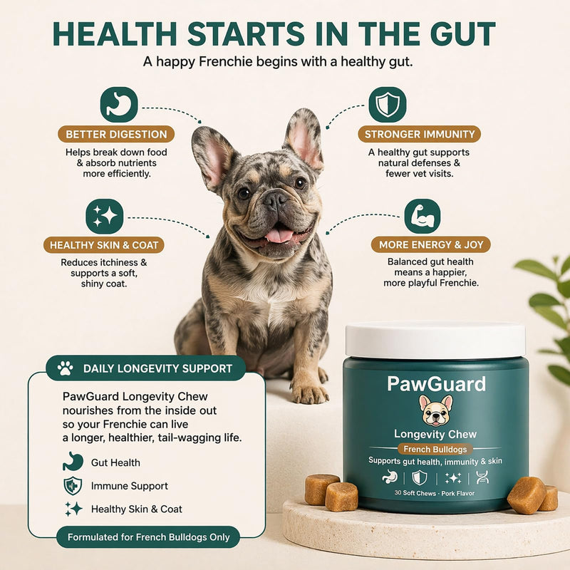 PawGuard French Bulldog Longevity Chews, Breed-Specific Formula Supplement for Bulldogs' Probiotics Chews, Supports Gut Health, Immunity & Skin, Pork Flavor, 30 Count (1 PC) 1 PC