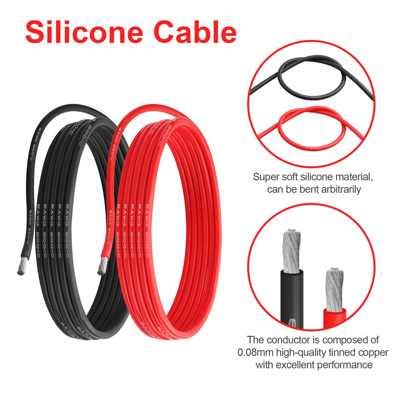 8 AWG Gauge Silicone Wire Electrical Cable（10ft red &10ft Black） Soft & Flexible 0.08 mm Tinned Copper core High Temperature Resistant Silicone Wire for Arduino Projects, RC Cars, Boat, Drones etc. 8 AWG 10ft Red+10ft Black