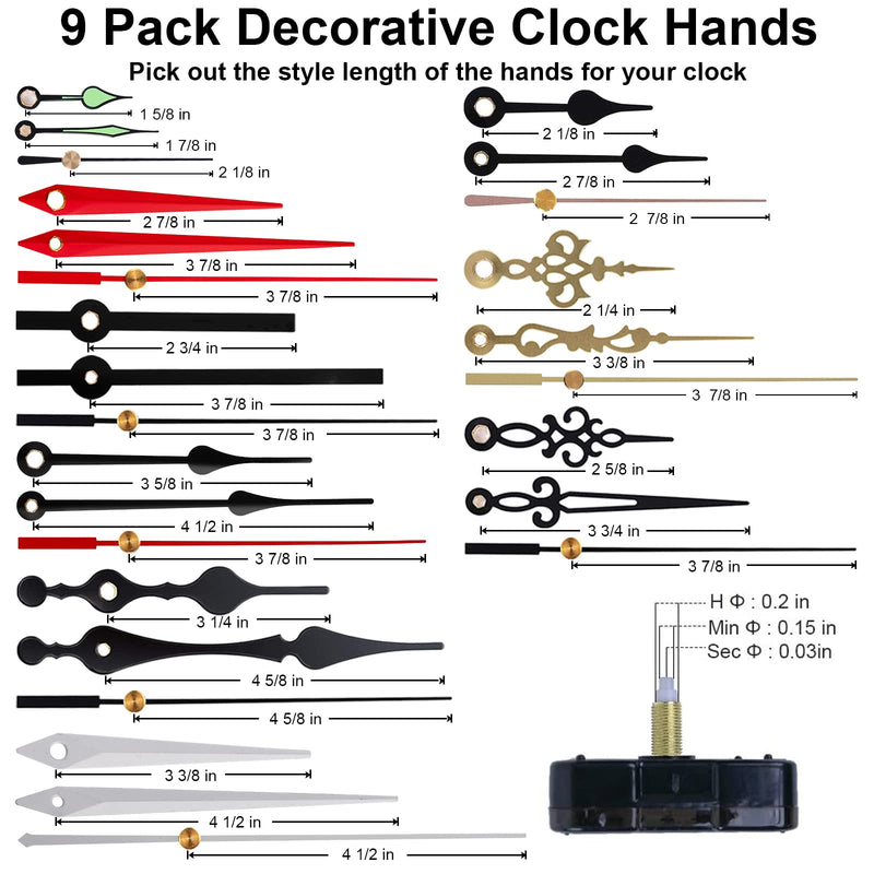 EMOON 6 Pieces Clock Mechanism Replacement Kit with 9 Pack Clock Hands, Silent Sweep Clock Motor Kit Battery Operated for Clock Repair DIY Replacement, Custom Clock Total Shaft Length 7/8 in