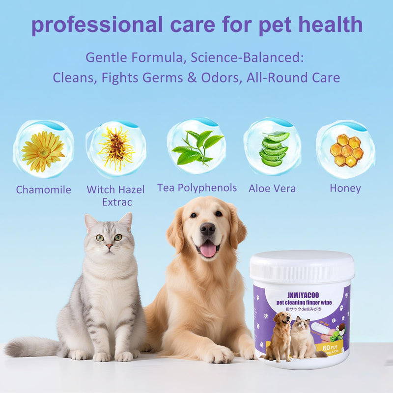 Pet Dental & Body Wipes for Dogs & Cats – Chamomile & Coconut Oil Formula Freshens Breath, Cleans Paws & Tear Stains – 60pcs 270g No-Rinse Finger Wipes