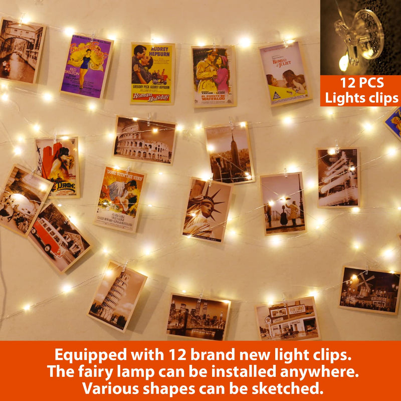 HXWEIYE 120LEDs Photo String Light, Warm White 40Ft Fairy Light with 52 Clear Clips & 12 Hooks on Wall, Timer & 8 Modes USB Powered Copper Wire Light for Hanging Picture, Bedroom Party 8 Mode USB Powered-120LEDs