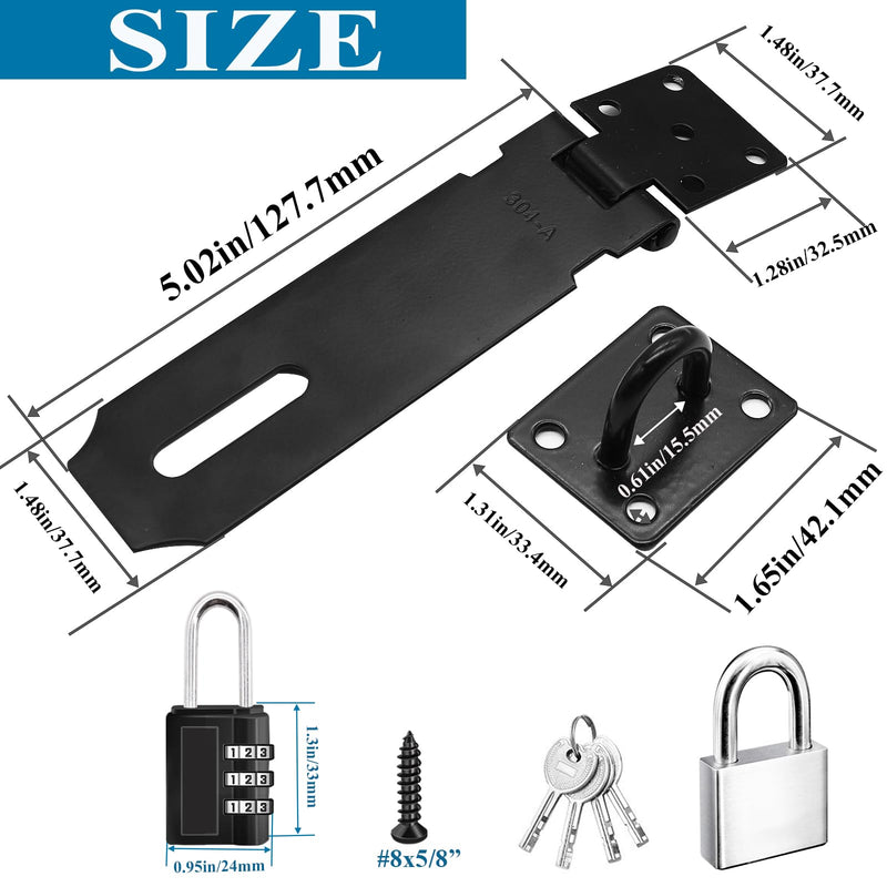 5 Inch Door Locks Hasp Latch 2 Pack,304 Stainless Steel Safety Padlock Clasp Hasp Lock Latch with Combo Lock & Padlock,Heavy Duty Gate Latch Lock with Screws(Black) 5inch-Black