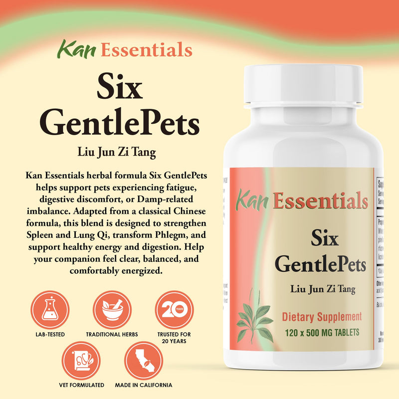 Kan Herbs Company Six GentlePets – Traditional Chinese Herbal Blend for Dogs and Cats to Support Energy, Digestion, Appetite, and Respiratory Comfort, Herbal Supplement for Pets, 120 Tablets