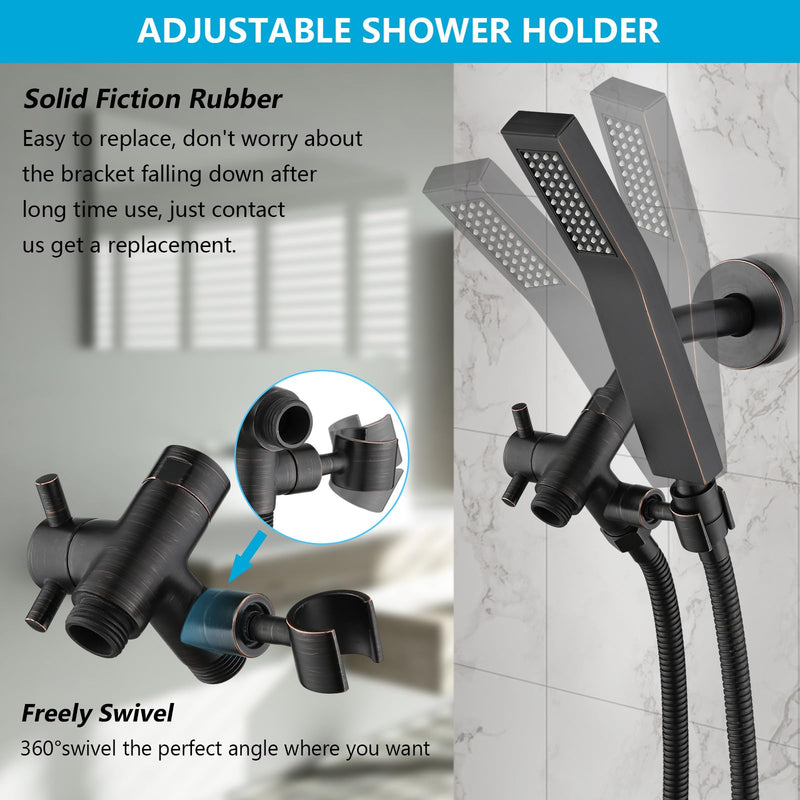 PDPBath Solid Brass 3 Way Shower Arm Diverter Valve with Handheld Holder for Dual Shower Heads with G1/2 Universal Connection - Oil Rubbed Bronze