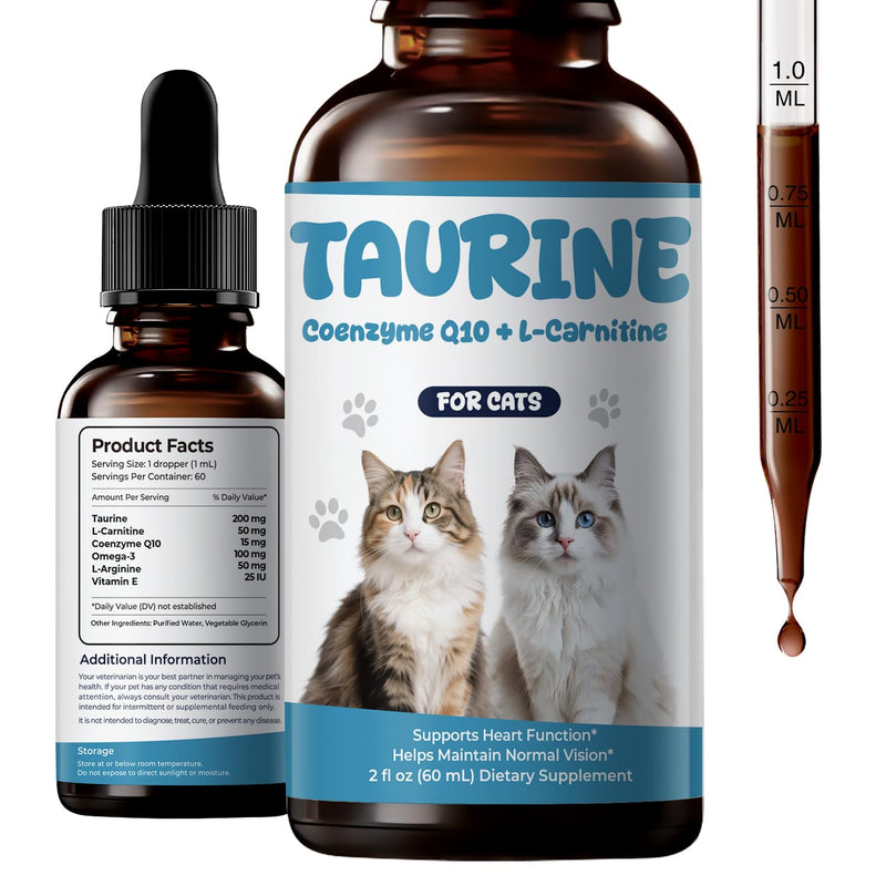 Taurine Supplement for Cats Liquid Drops, Cat Taurine with Coenzyme Q10 & L-Carnitine, Supports Heart Function, Vision, Energy & Daily Vitality, 2 fl oz 60 ml (Pack of 1)