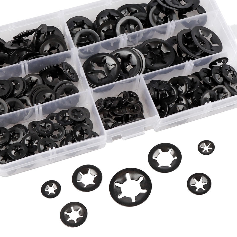 350Pcs Internal Tooth Star Lock Washers M3/M4/M5/M6/M8/M10/M12 Push On Speed Clips Fasteners Assortment Kit (Black) Black