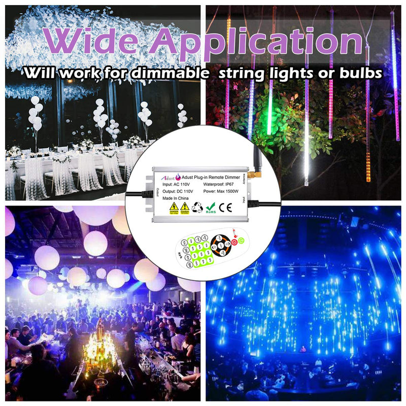 Outdoor Dimmer for String Lights 1500W, IP67 Waterproof/150FT Range/Timer Control/3 Prong Outlet for Outdoor LED String Lights & Incandescent Bulbs, Wireless RF Remote Plug-in Dimmer Switch