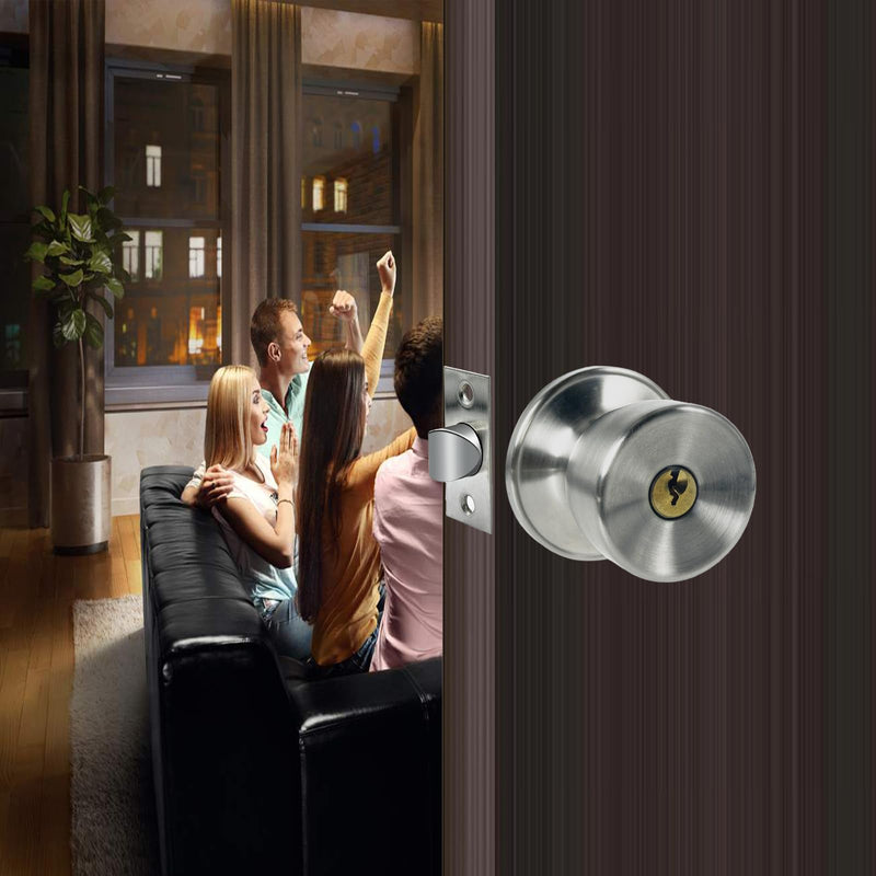 JO.KO Door Knob with Lock and Keyed, Satin Nickel Round Ball Lock Interior/Exterior Door Knob for Bedroom Or Bathroom (Stainless) 1 Piece Keyed Entry Satin Stainless