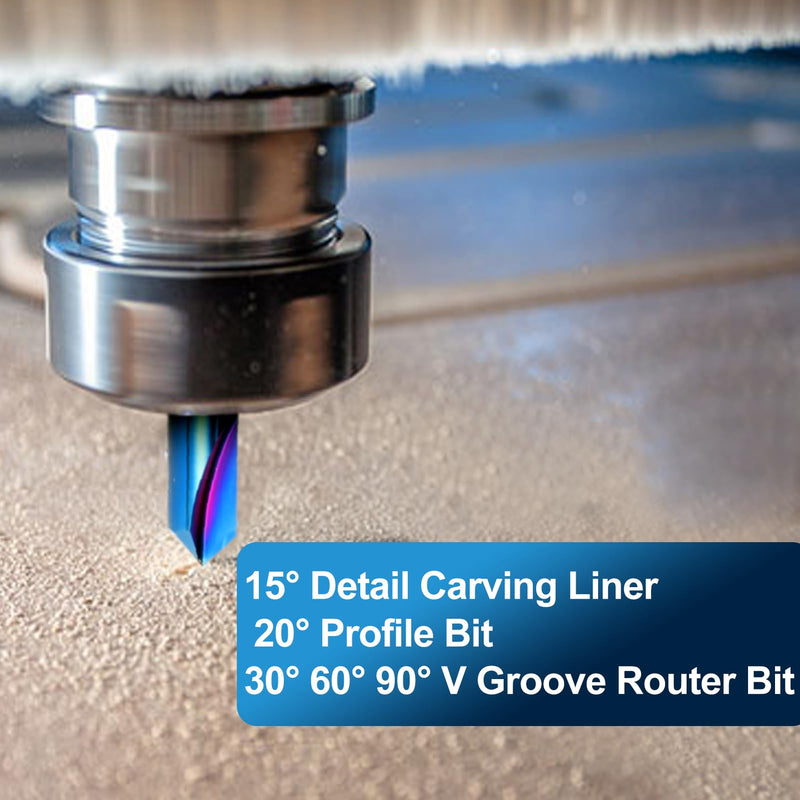 CNC Router Bit 1/4'' Shank, 5PCS Wood Carving Bits Set, 15° Detail Carving Liner 20° Profile Bit 30° 60° 90° V Groove Router Bit, 2'' Long CNC Milling Cutter End Mill Bits