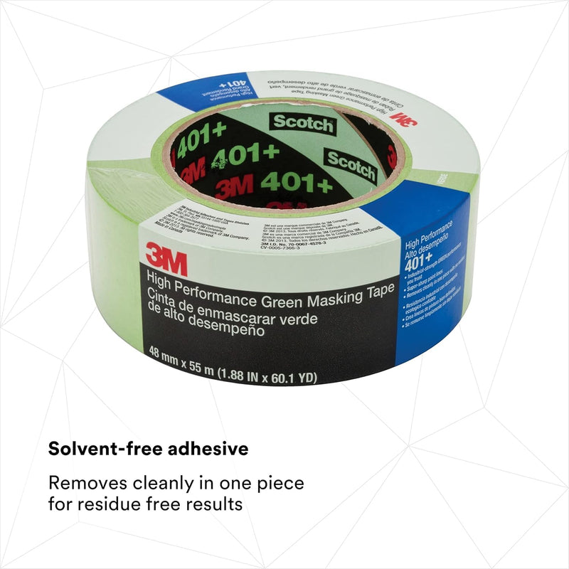 3M Scotch 401+ High Performance Green Masking Tape – 2 inches x 60 Yards (48mm x 55m), Heat Resistant up to 250°F, Clean Removal, Ideal for Automotive and Industrial Applications