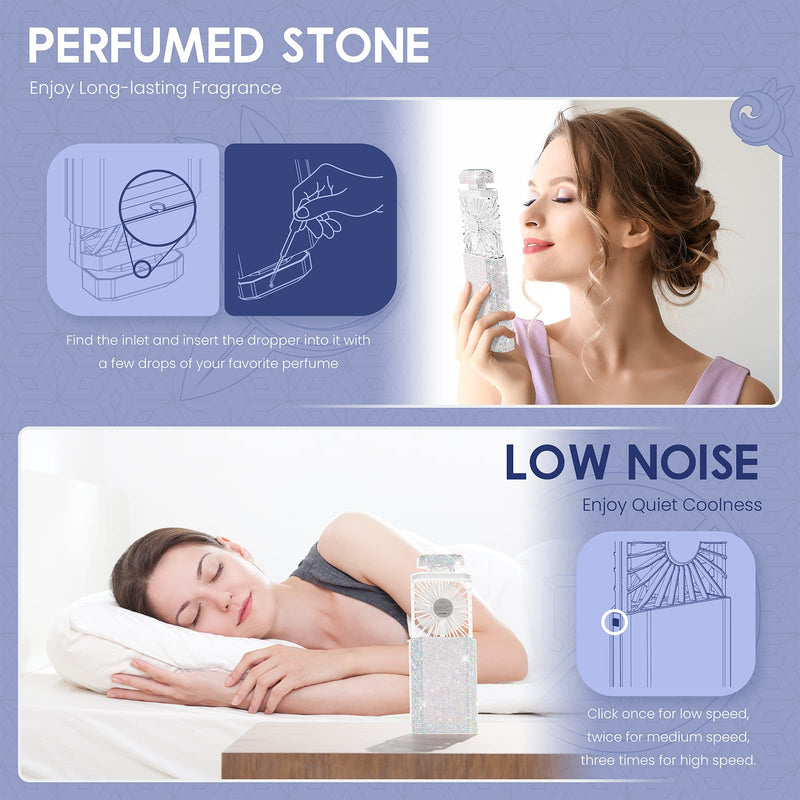 Lady Rechargeable Personal Fan with 3 Speeds, Quiet Portable Mini Cooling Desk Electric Fan - White Rhinestones Bling