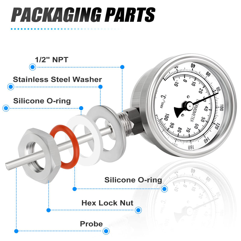 MEANLIN MEASURE 1/2" NPT Bimetal Thermometer for hot Water, boilers, and Pipes，3.2" Dial, 4.4" Stainless Steel Stem，Temperature Range 0-220°F/-10-100 ° C, Accuracy 2%,Lower Mount 3.3Dial/0-220°F(Lower Mount)