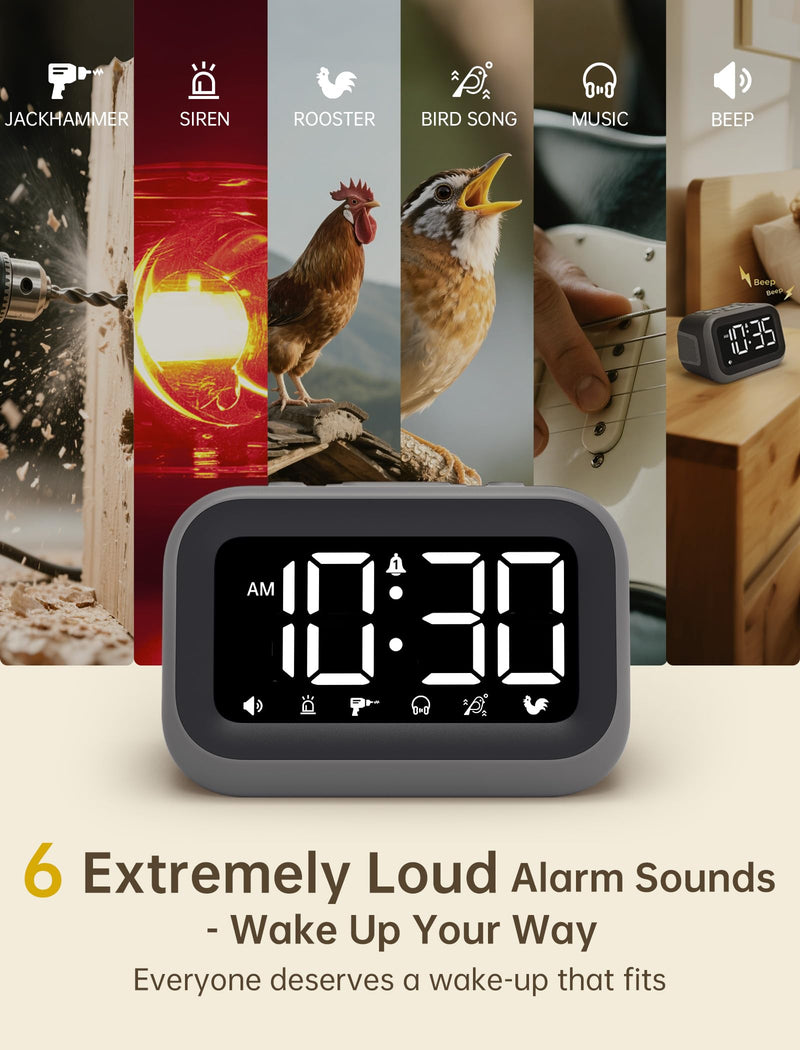 Super Loud Alarm Clock: 115dB Dual Alarms and 6 Alarm Sounds for Heavy Sleepers - Adult Shift Workers in Bedroom or Daily Wake-Up Use - Gray Gray - White Digits