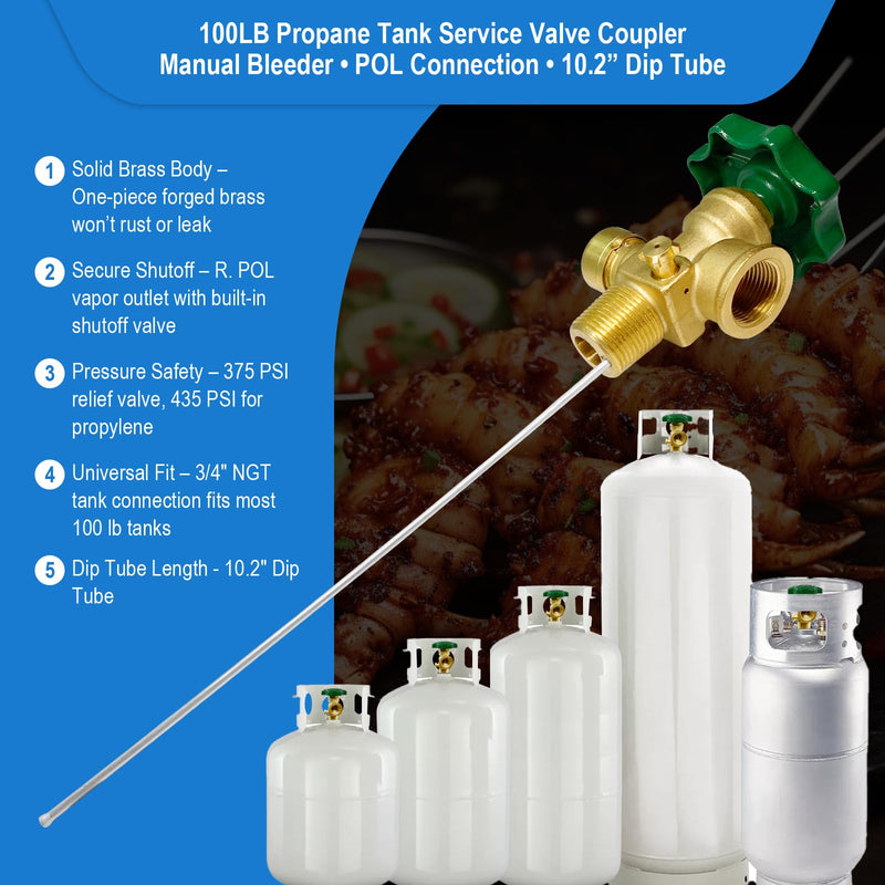 Propane Adapter,100LB Propane Vapor Tank Service Valve Coupler with Manual Bleeder Valve, POL Connection, Heavy Handle & 10.2" Dip Tube–Fits for Grills, Heaters, RVs, Fryers & Outdoor Propane Setups.