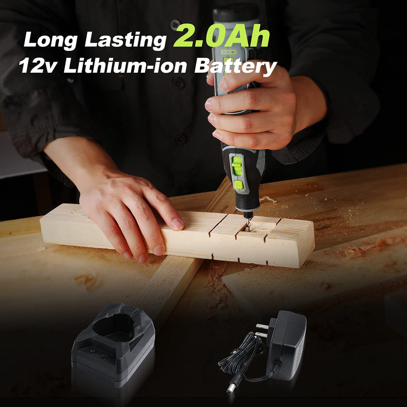 WORKPRO 12V Cordless Rotary Tool Kit, 5 Variable Speeds, Powerful Engraver, Sander, Polisher, 114 Easy Change Accessories, Craft Tool for Handmade and DIY Grey