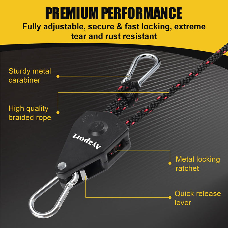 Ayaport Adjustable Rope Hanger Grow Light Hanger, 14Ft 3/8" Heavy Duty Plant Pulley Rope Tightener Ratchet Tie Down for Kayak, Tent Tie Downs, 2 Pack Black 2pcs-3/8"x14'