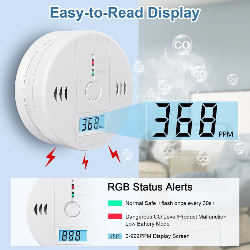 Carbon Monoxide Detectors Battery Powered, Carbon Monoxide Alarm with LED Digital Display, CO Alarm with Human Alarm Sounds and Test Button for Home Kitchen Restaurant Hotel Office(3 Pack) 3 Pack