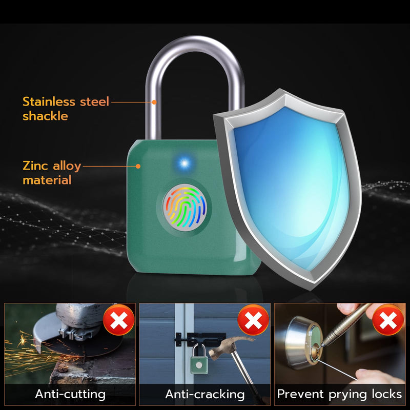 Pothunder Fingerprint Padlock, Smart Metal Keyless Fingerprint Lock, Waterproof, USB Rechargeable, for Gym, School, Luggage, Backpack, Suitcase, Green