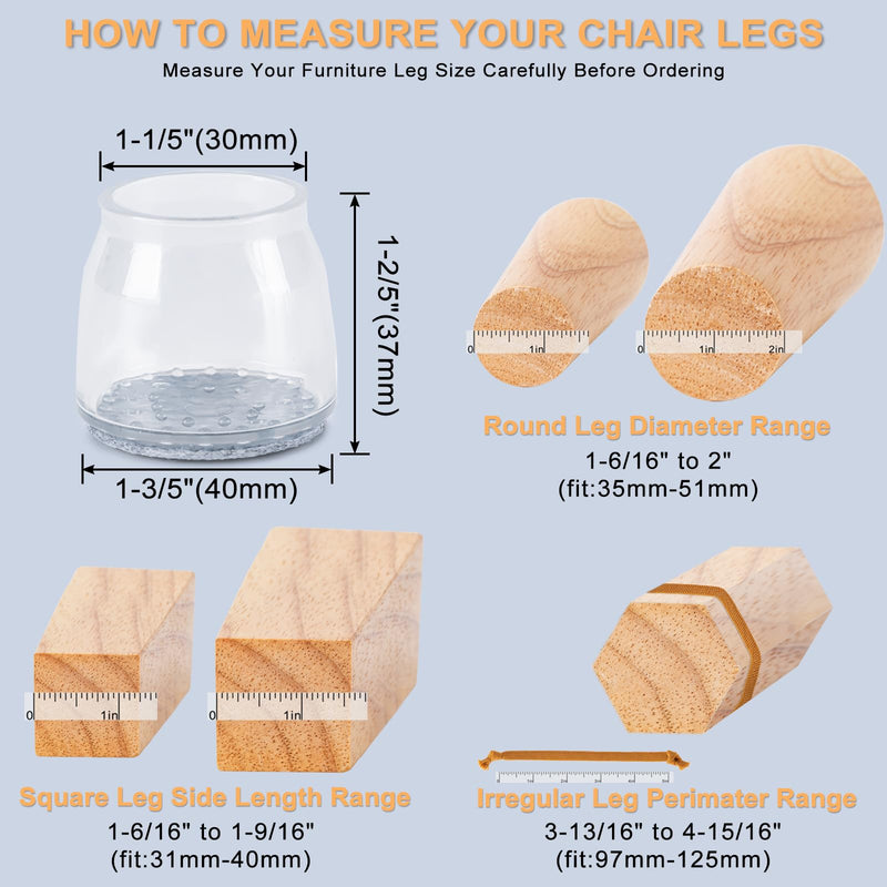 36Pcs Chair Leg Floor Protectors for Hardwood Floors, Silicone Chair Feet Caps to Protect Tile Floors, Felt Pads Furniture Leg Covers from Scratches and Noise (Clear, Large Fit: 1.3''–2'') Clear-36pcs Universal L(Fit:1.3"-2")