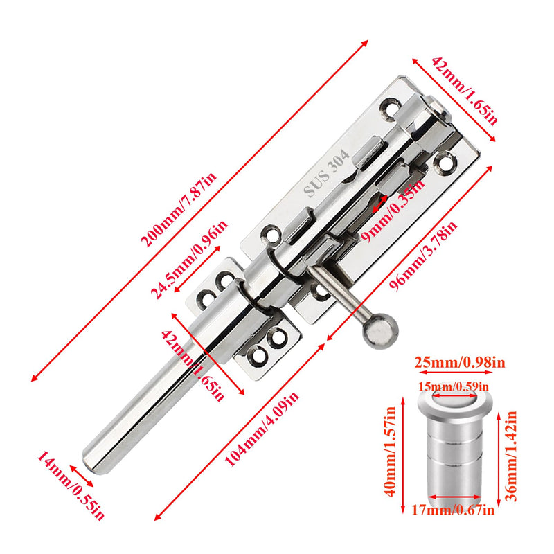 Gate Latch 304 Stainless Steel Slide Bolt Latch Heavy Duty Rustproof Barrel Bolt Latch Thickened Solid Outdoor Gate Lock Door Hardware for Shed Fence Trailer Silver 8in