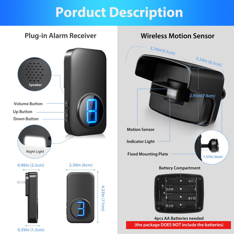 Wireless Driveway Alarm, Outdoor Weatherproof Motion Sensor & Detector with 600ft Range, Microwave Infrared Home Security Alert System for Driveway/Garage/Indoor/Outdoor A 1 Receiver+1 Sensors