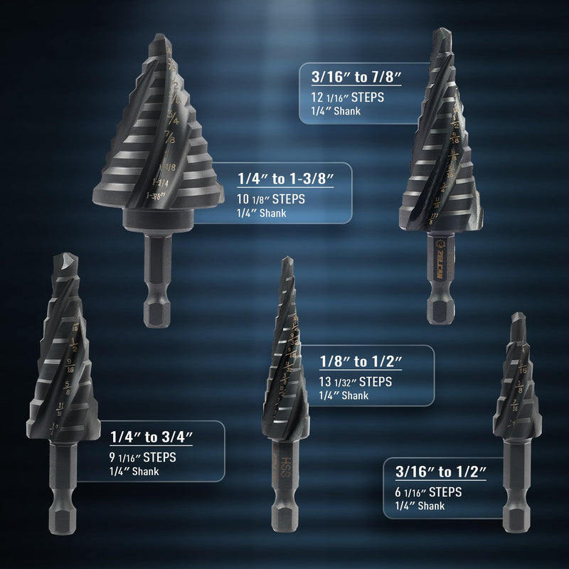 ZELCAN Step Drill Bit Set, 5PCS Four Spiral Flute Step Bits for Metal, 50 Sizes Titanium-Coated HSS Drill Bits with 1/4" Hex Shank for Stainless Steel Aluminum Wood Plastic 5PCS HSS Four Spiral Flute NEW STYLE