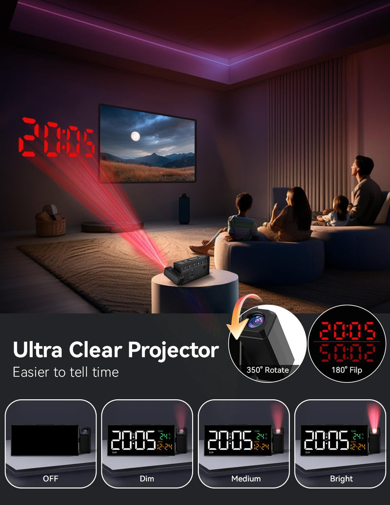 Netzu Projection Clock for Bedroom Ceiling, Alarm Clocks with 180° Rotatable Projector, Date Temperature and Weekday, Manual DST, 5 Brightness, 10 Ringtones, 4 Volumes and Snooze (Black) Black