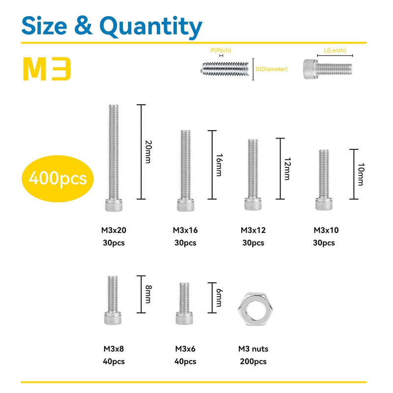 400 Pcs M3 Screw Assortment, Metric Hex Socket Head Cap Bolts, M3*6mm/8mm/10mm/12mm/16mm/20mm Screws and Nuts, Stainless Metric Bolts Nuts Washers Kit with 1 Hex Allen Wrench M3 400Pcs 6mm-20mm