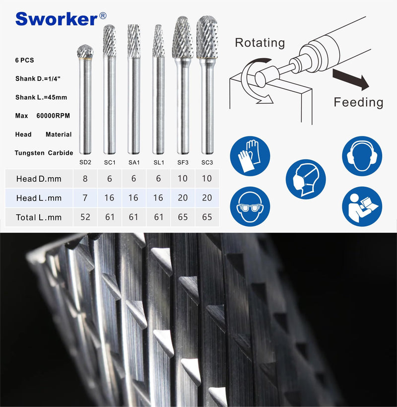 6 Pcs 1/4 Carbide Burr Set 1/4 Shank Die Grinder Bits Drill Bits Grinding Bits for Metal Rotary Tool Attachment Accessories Rasp Weld Wood Stone Deburring Compatible with Milwaukee Dewalt