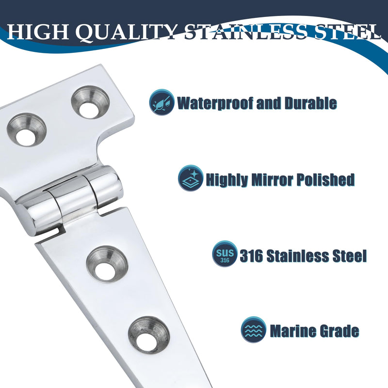 SHENGHUISS 316 Stainless Steel T Hinge Heavy Duty Boat Hinges Marine Grade Casting Strap Cabinet Door Hinge W/Fasteners 2/4 Pack with Screws for Boat/Yacht/Door/Window/RV (4 inch/6 inch/8 inch) 4 inch x 2 inch 2 Pack