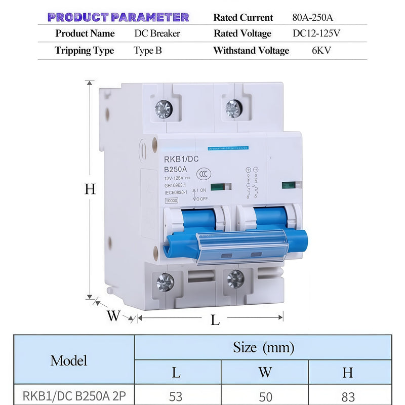 DC Circuit Breaker 2P 80A/100A/125A/150A/200A/250A 12V-125V Solar RV Yacht Battery Protection Switch (250A)
