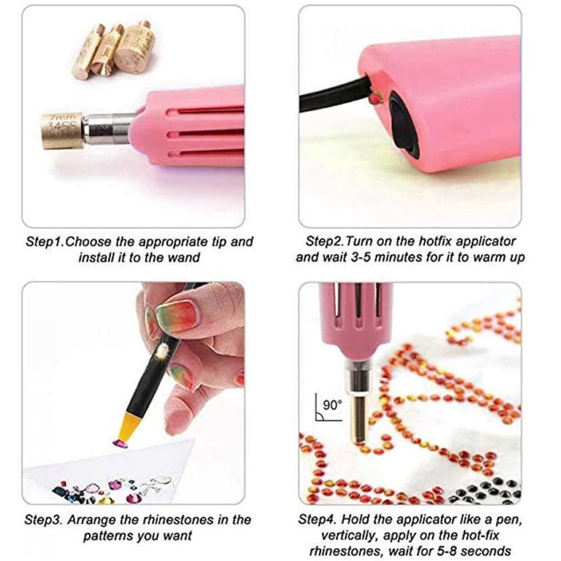 Hotfix Rhinestone Applicator, 7 in 1 Professional Iron-on DIY Hot Fix Tool Rhinestone Setter Applicator Wand Crystal Gem Tool Kit with 7 Different Sizes Tips, Support Stand (Pink) Pink