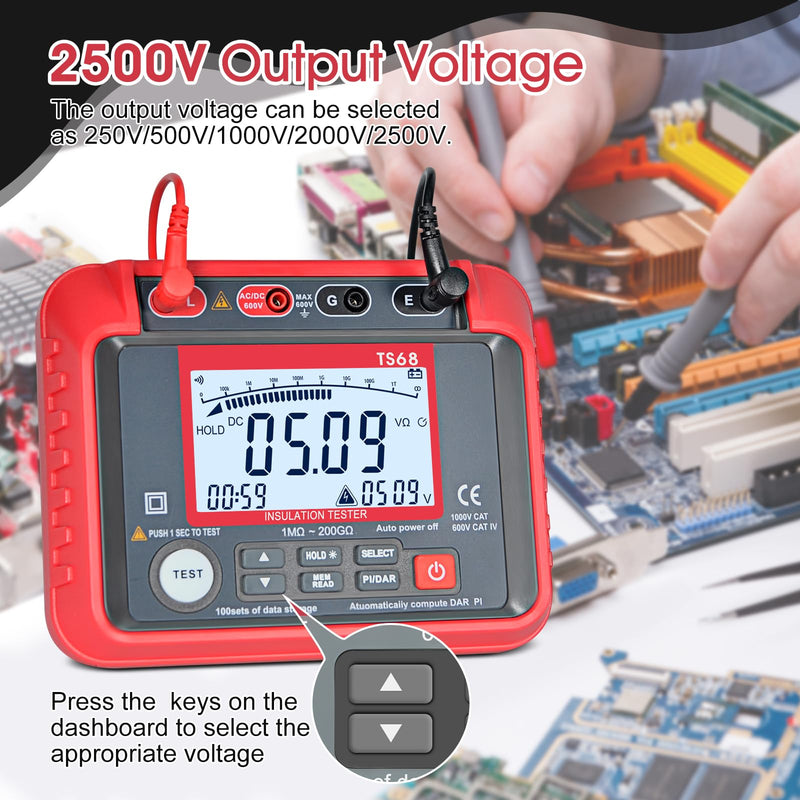 Megohmmeter, 250V-2500V Output Voltage Insulation Tester, 1MΩ-200GΩ Ohm Meter Multimeter, Grounding Tester with 100 Groups of Data Storage T0-TS68(New)