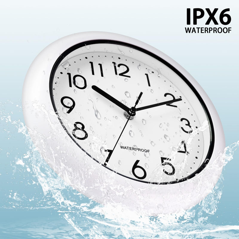 Caysie 10 Inch Sealed Indoor Outdoor Clock Waterproof, Silent Battery Operated Weatherproof Wall Clocks for Pool Patio Outside Home (White) 10" White