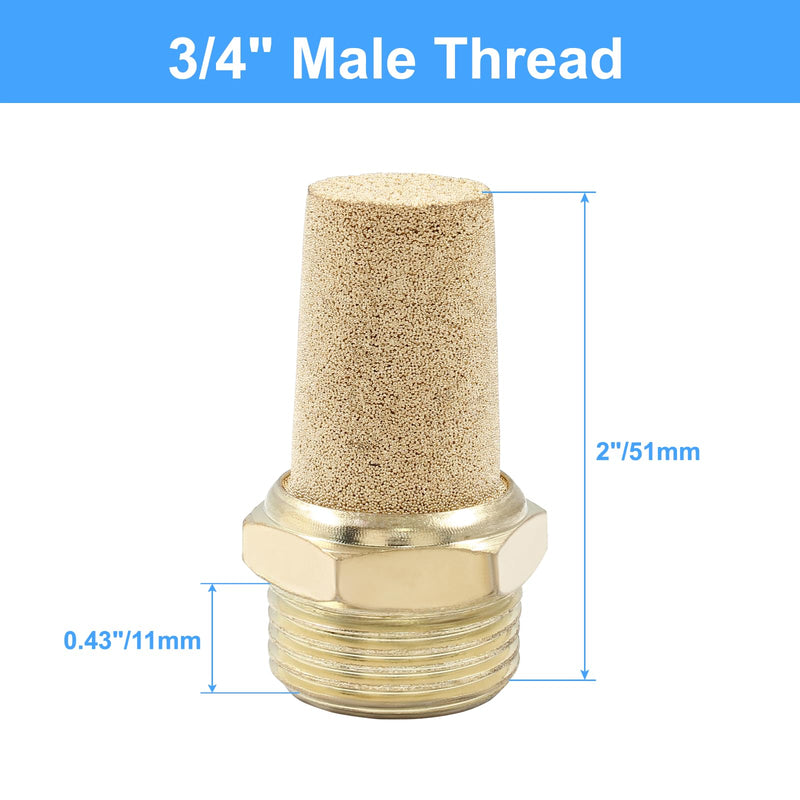 2 Pack 3/4" Male Thread Pneumatic Brass Exhaust Muffler Filter Air Pneumatic Mufflers Air Line Fitting Hex Sintered Silencer 2