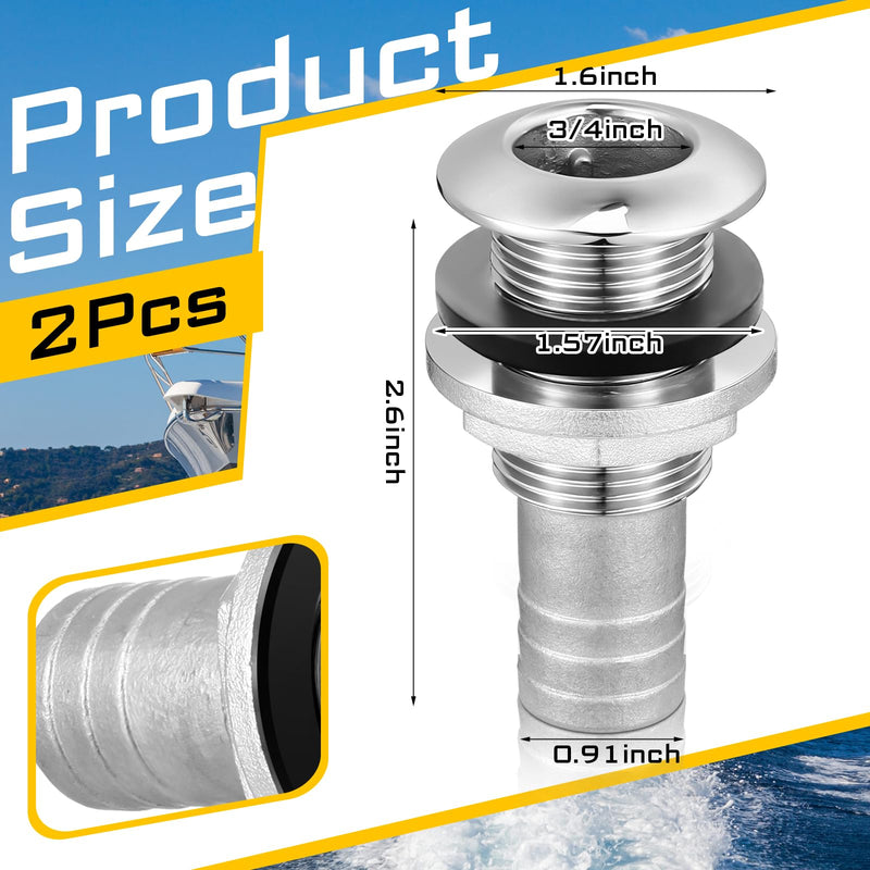 2 Pcs Thru Hull Fittings for Boats 3/4 316 Stainless Steel Thru Hull Connector Marine Combo Grade Barbed Boat Plumbing Fittings with Nut Gasket for Boats Yachts Rvs