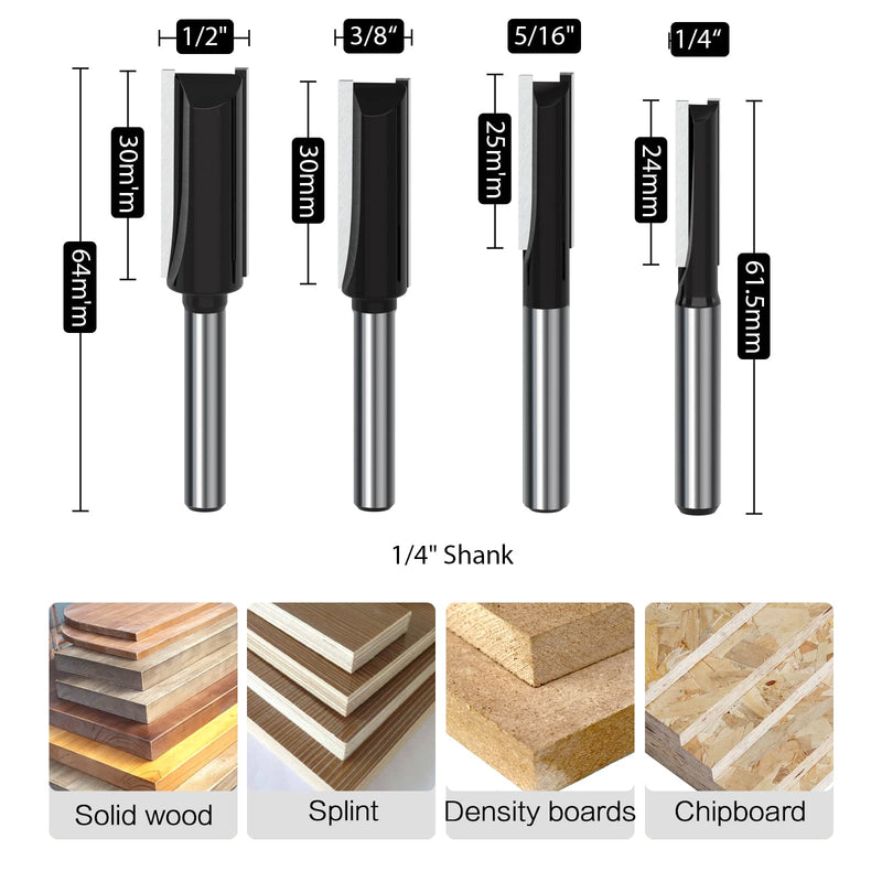 Double Flute Straight Bit Cleaning Bottom Router Bit 1/4-Inch Shank - 1/8, 3/16, 3/8, 1/2, 5/8, 3/4, 1 Inch Cutting Dia Woodwork Cutter 7PCS Straight Bit 7PCS