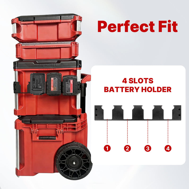 4-Slot Battery Holder Compatible with Milwaukee M18 Battery, Milwaukee Battery Holder Side Organizer with Rail Clips for Packout System, Mounted on Packout Toolbox to Secure Storage and Easy Access Black