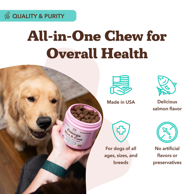 Natural Dog Company Omega Chews for Dogs Skin & Coat Support with Salmon Oil & Omega-3 Fatty Acids, Helps Itchy Skin, Dryness, Shedding, Supports Joints, Heart,Immune System & Overall Health (180 cnt) 180 Count - Chew