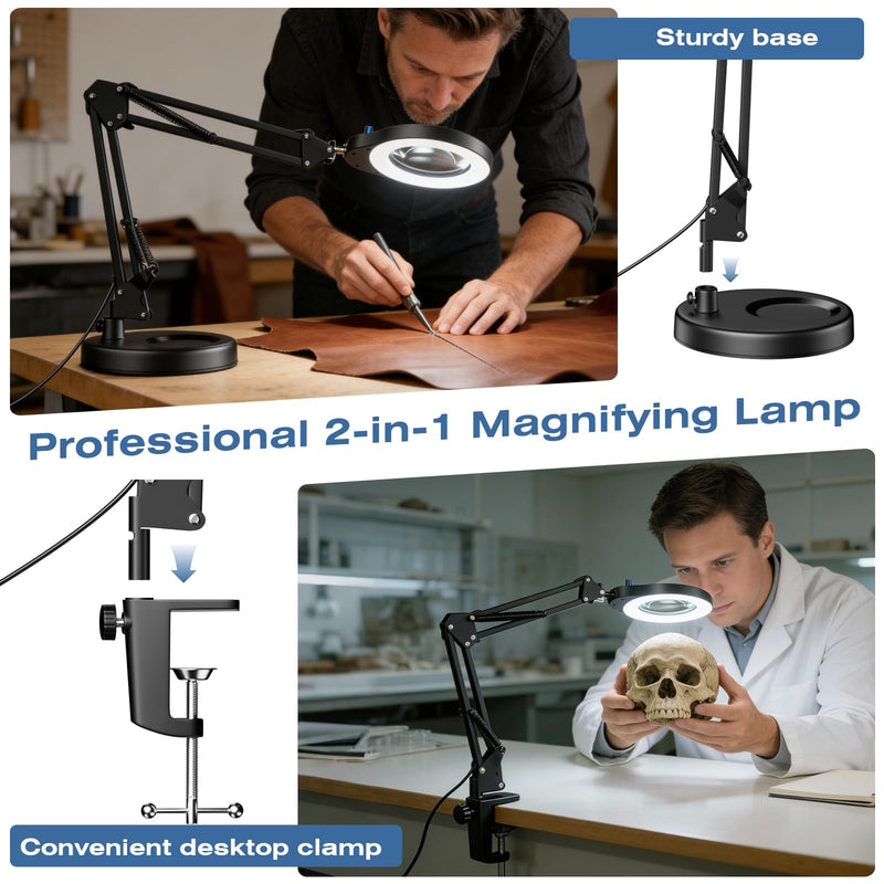10X Magnifying Glass with Light and Stand, 5 Color Modes & Stepless Dimmable LED Magnifying Lamp, Hands Free Desktop Lamp for Reading, Crafts, Hobby and Close Work