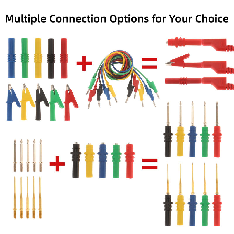 30Pcs Banana Plug Silicone Test Leads Kit, 4mm Stackable Banana Plug with Threading Probe, Alligator Clips, Probe Holder, Connection Hose, Automotive Test Leads for Multimeter