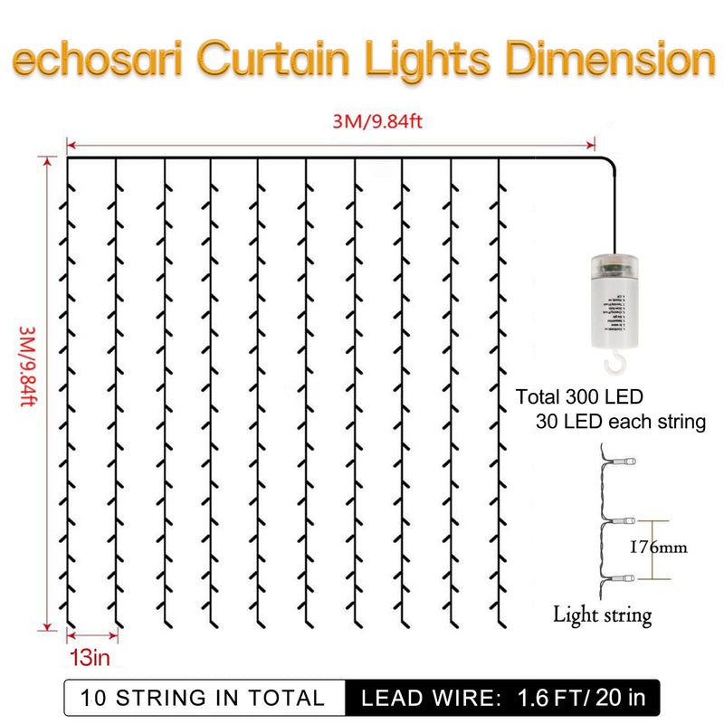 echosari 300 LED Curtain Lights Battery Operated, 9.8ft×9.8ft Hanging Lights with Remote Timer Fairy Curtain Lights for Bedroom Patio Wedding Backdrop Party Decór (Warm White) Warm White
