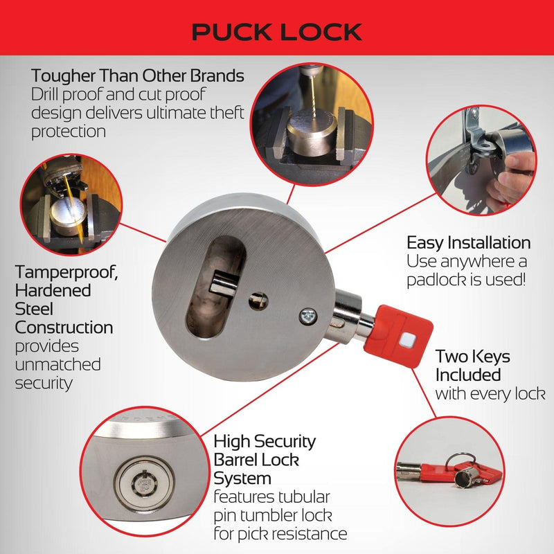 Equipment Lock Puck Lock - Stainless Steel, Multi-Use Uncuttable Lock - Ideal for Gates, Sheds, Roll-Up Doors or Trailers - Padlock Replacement (Keyed Differently) Keyed Differently