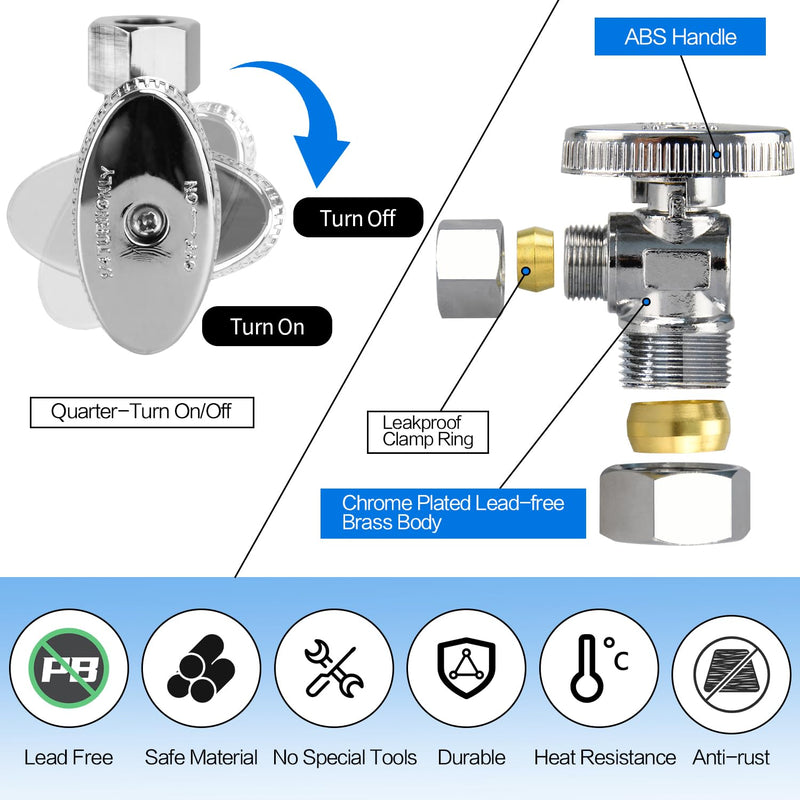 Stop Valves, 2 Pack 1/2" × 3/8" Angle Stop Valve, 1/2" Nominal (5/8" OD Comp.) Angle Input, 3/8" OD Compression Output, 1/4 Turn, Chrome Plated Brass for Kitchen, Faucet, Toilet Valves 2 Pack Nominal Angle Valve